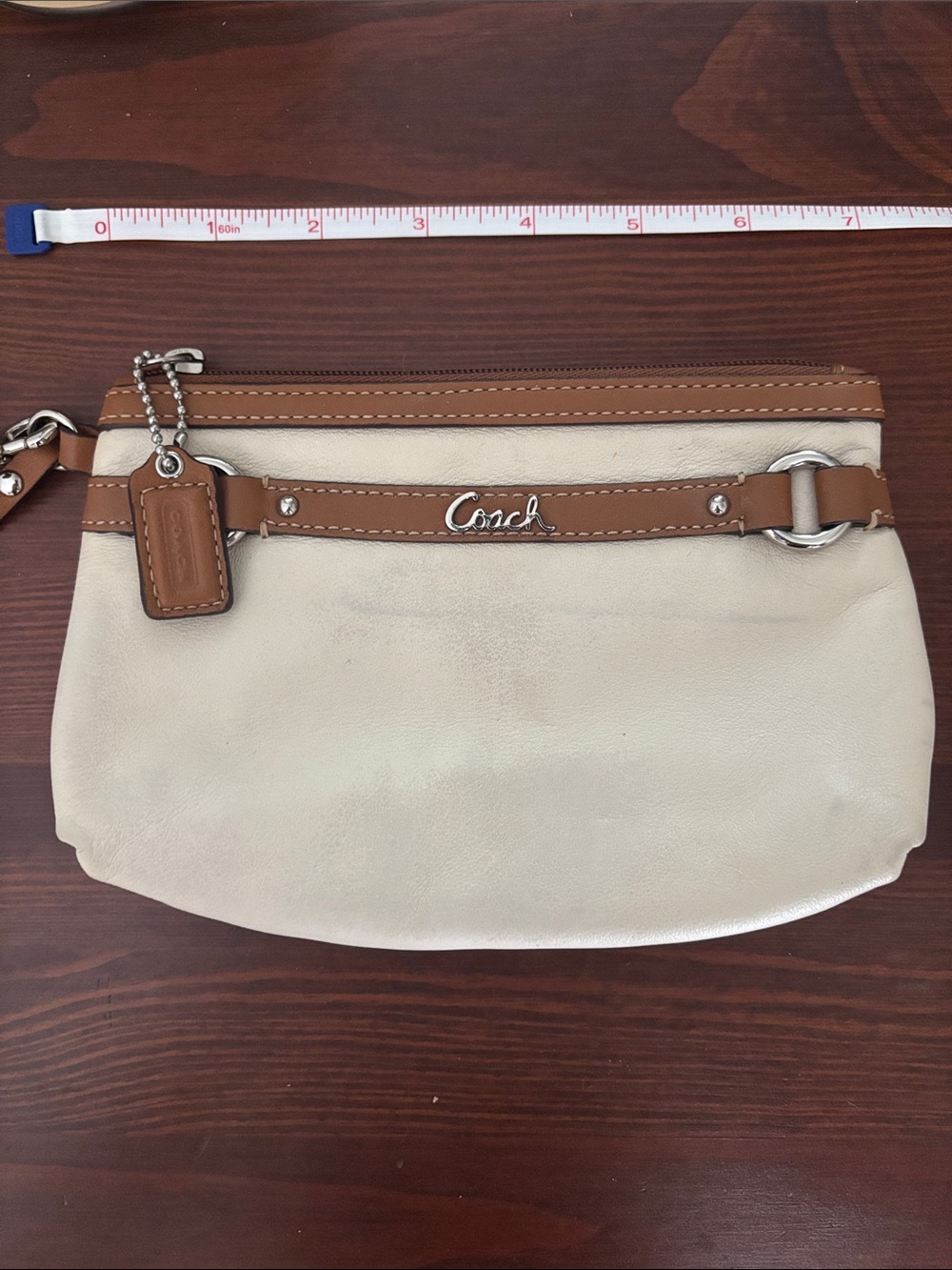 Coach Cream Leather Wristlet with Brown Trim